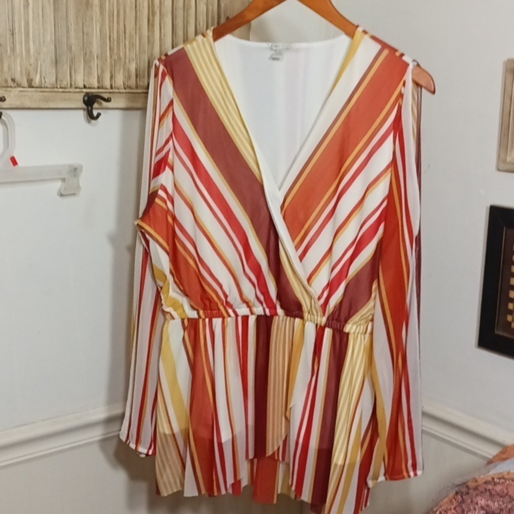 Cato Balloon Open Sleeve Faux Wrap Blouse